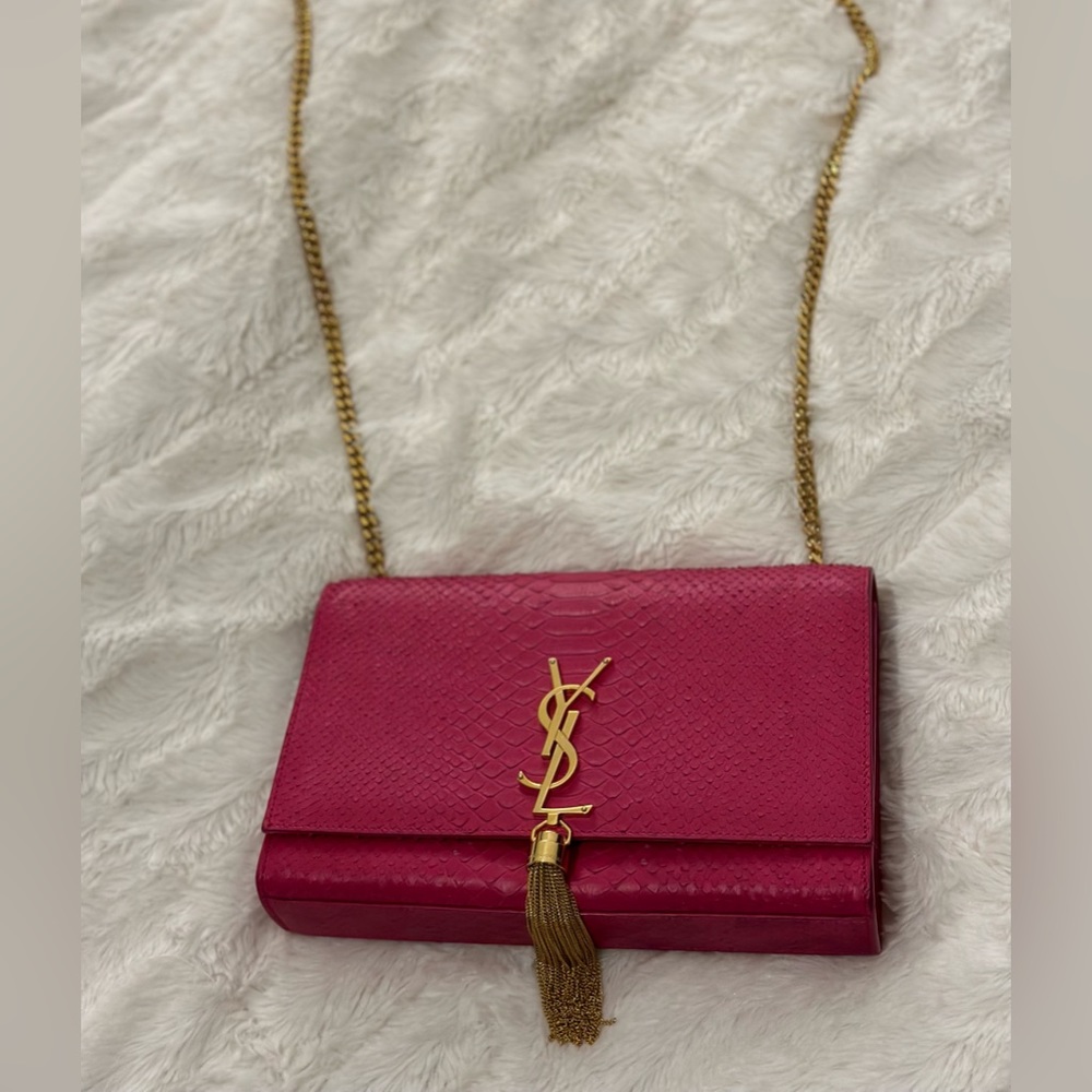 YSL Hot Pink Python Kate Medium bag with gold chain and tassel